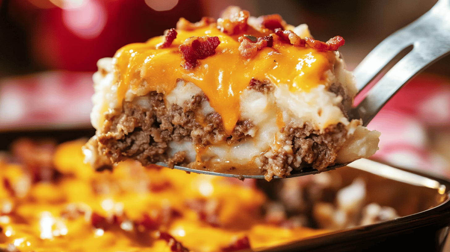A close-up of a serving of Loaded Potato & Meatloaf Casserole being lifted from a baking dish.